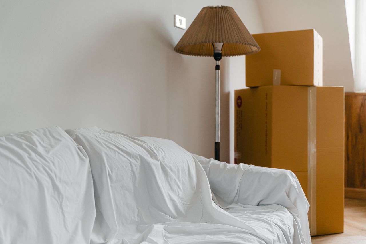 team-03 Covered with sheet sofa and floor lamp and packed cardboard boxes in light spacious room of new contemporary house